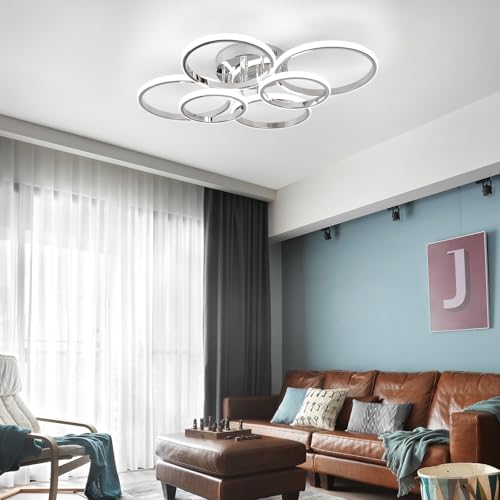 Chrome 6-Ring Dimmable LED Ceiling Light Fixture with Remote Control - Modern 60W Close to Ceiling Lighting for Living Room & Bedroom - Variation: 6 Rings, Circle