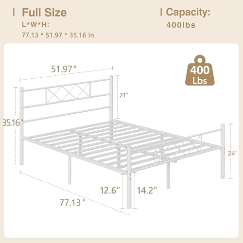 Full Size Bed Frame with Headboard - Pure White, Heavy Duty Metal Slats, Easy Assembly