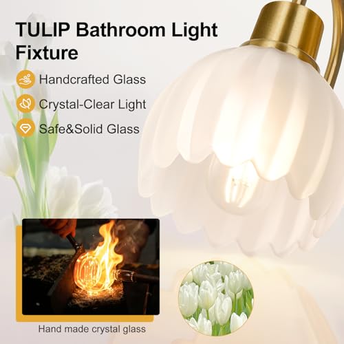Meybiok 3-Light Brushed Gold Vanity Light Fixture with Frosted Tulip Glass Shades - Over Mirror Bathroom Lighting, Dimmable, Modern Home Decor