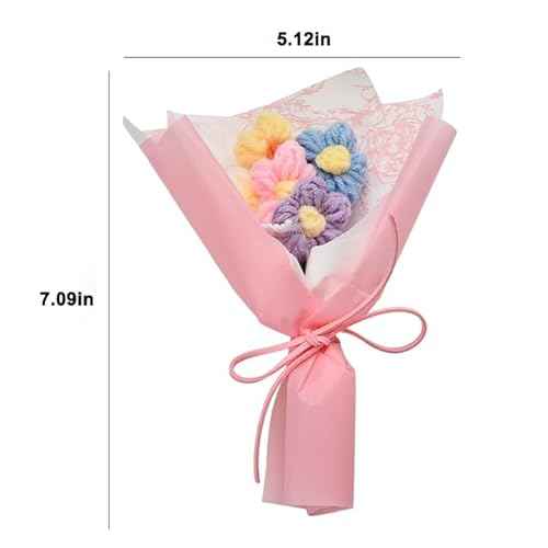 Mini Crochet Flowers Bouquet Kit for Girls Birthday Gifts for Daughter Friends Handmade Knitted Eternal Puff Flower Bouquet Pink Artificial Flowers Home Decor Decorations for Graduation Motehrs Day