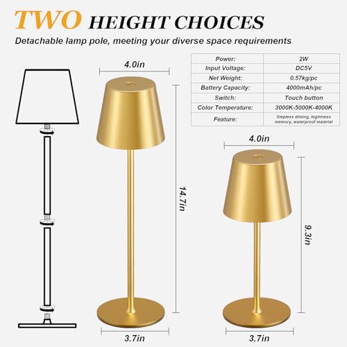 Cordless Rechargeable Table Lamp - Gold, 3 Color Dimming & Touch Control, Down Light Variation