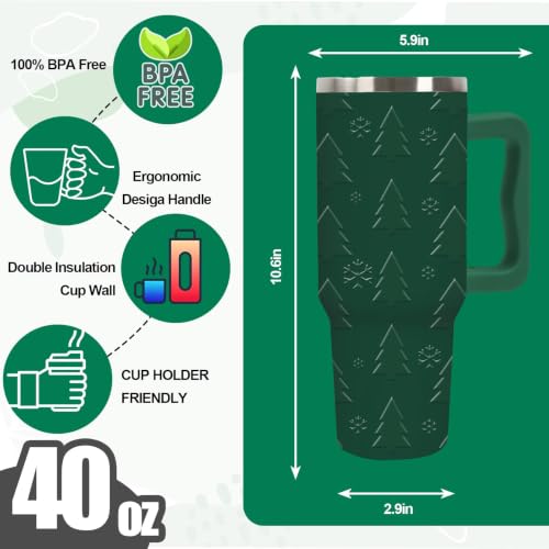 40 Oz Stainless Steel Christmas Tumbler with Handle, Holiday Green Tree Design