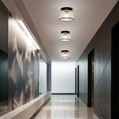 Zlepmlla Ceiling Light Fixture - Black2 Ribbed Glass Modern Flush Mount for Hallway Bedroom Bathroom Kitchen