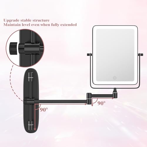 Black Wall Mounted Lighted Makeup Mirror with 10X Magnification & Dimmable LED Lights