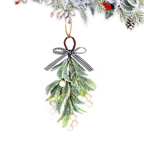 Mistletoe Decor, Artificial Hanging Christmas Mistletoe Picks Plaid Bow White Berries, Kissing Ball Ornaments for Christmas Doorway Kitchen Tree Decorations