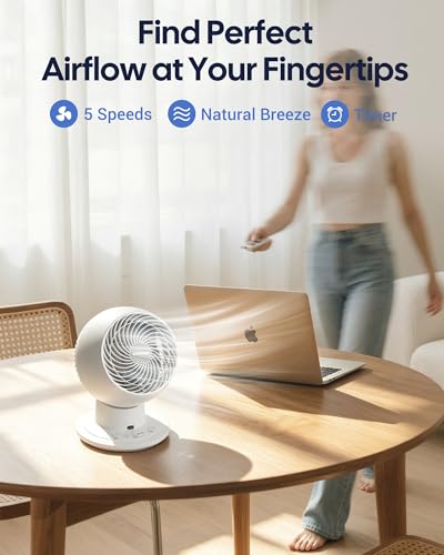 ComDomus 11'' White Oscillating Desk Fan with Remote, 3-Speed & Night Mode