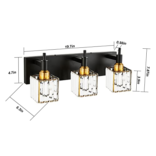 Black Gold Square Shade 3-Light Crystal Vanity Light Fixture for Bathroom – Modern Brass Wall Sconce