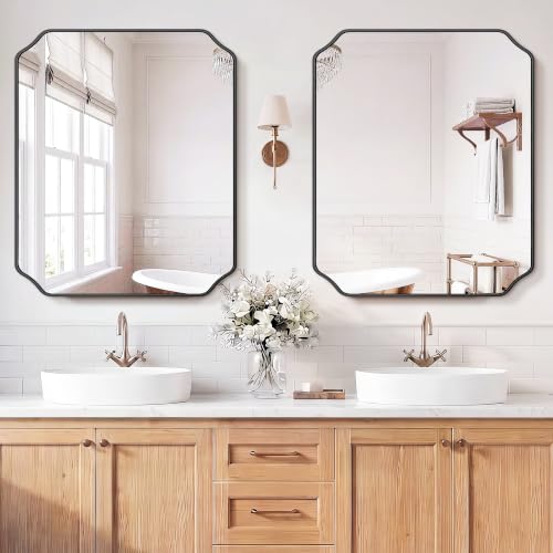 Black Rectangular Scalloped Bathroom Mirror 36 Inch x 30 Inch Wall Mirror - Modern Frame
