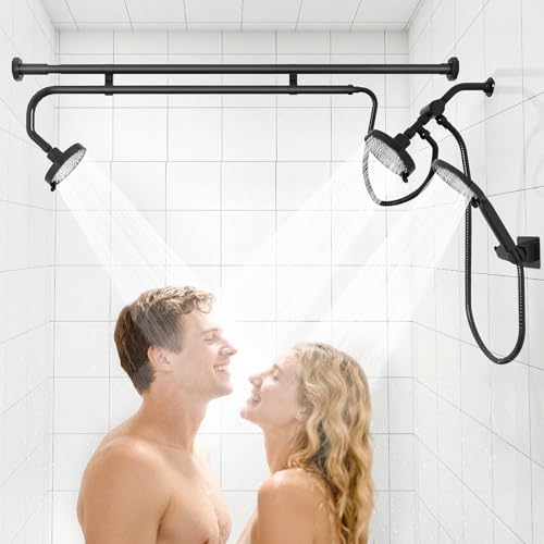 MLLNFUE Black Tandem Dual Shower Head Set with Handheld, High Pressure, Adjustable Spray