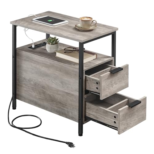VASAGLE Slim Nightstand with Charging Station - Heather Greige + Ink Black, 23.6"D x 11.8"W