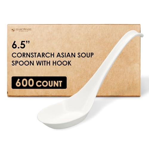 6.5 Inch Disposable Cornstarch Soup Spoons with Hook - 600 Pack, Plastic-Free