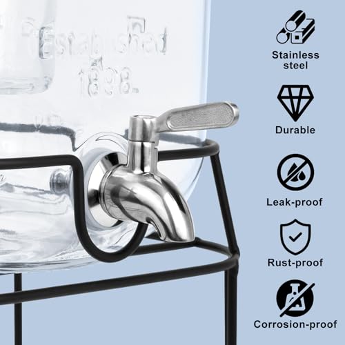 2 Gallon Glass Beverage Dispenser with Stand & Leakproof Stainless Steel Spigot – Lemonade, Water, Iced Tea