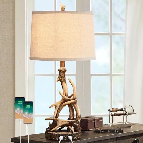 Rustic Deer Antler Table Lamp with USB Ports - 27.25'' Tall Western Country Nightstand Light