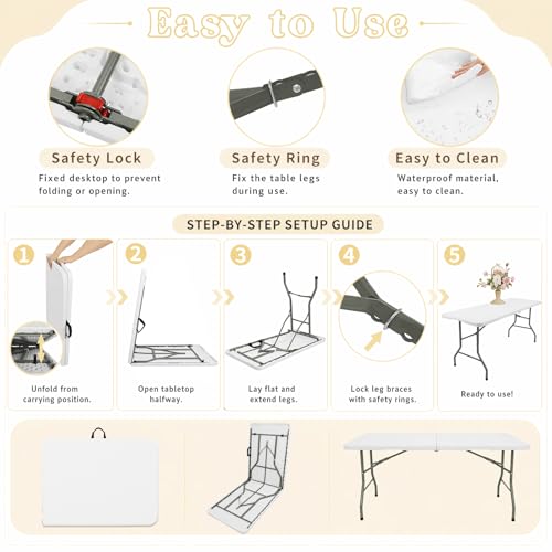 HAISIWLKJ 8ft Folding Camping Table Portable Heavy Duty Plastic Outdoor Dining