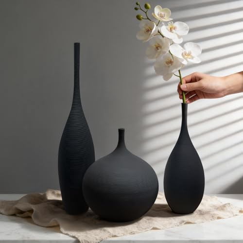 Black Ceramic Vase Set of 3 - Modern Boho Matte Minimalist Home Decor