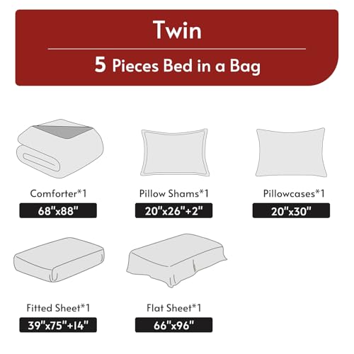 Twin Comforter Set 5-Piece Reversible Bed in a Bag - Red & Black, 68x88