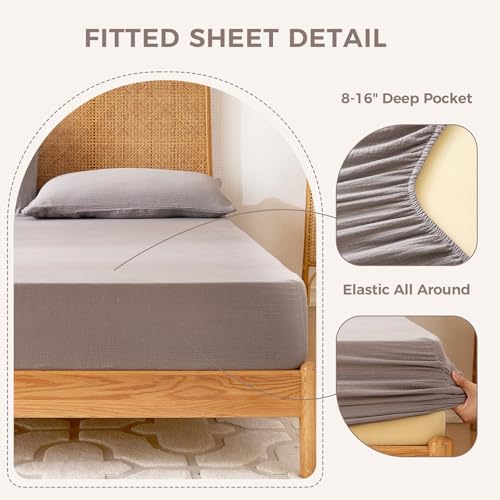 LUTBM King 100% Cotton Muslin Sheet Set Gray - 4 Piece Breathable Bed Sheets