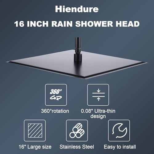 Hiendure 16 Inch Matte Black Rain Shower Head - High Pressure Fixed Rainfall Shower with Adjustable Swivel Ball Joint