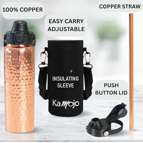 Kamojo Copper Water Bottle 32 oz with Black Insulating Sleeve & Straw - Handcrafted Ayurvedic Design