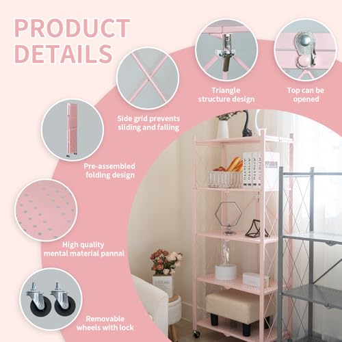 Pink 5-Tier Foldable Metal Storage Shelves on Wheels - Heavy Duty Organizer
