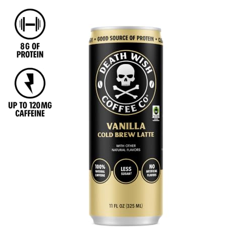 Death Wish Coffee Vanilla Cold Brew Latte 12 Pack - Fair Trade Colombian Coffee, Ready-to-Drink