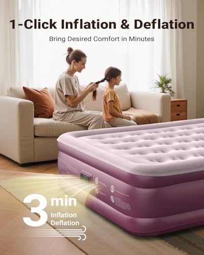 Pink Lilac Queen Air Mattress with Built-in Pump - 18 Inch Blow Up Bed