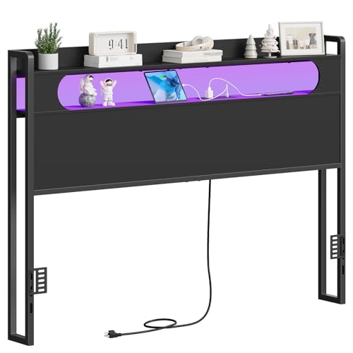 Queen Size Headboard with Storage, Charging Station & LED Light - Black