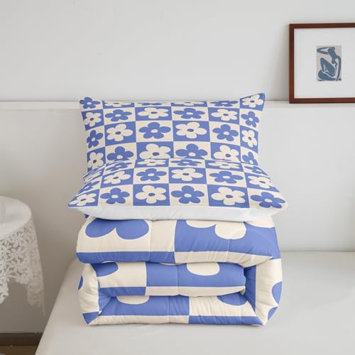 Castle Fairy King Size Bedding Comforter Set Multi 05 — Blue Cream Floral Plaid, 2 Pillowcases
