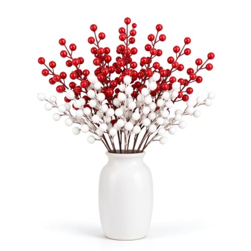 Naplings 42pcs Red & White Artificial Berry Stems for Christmas Decor