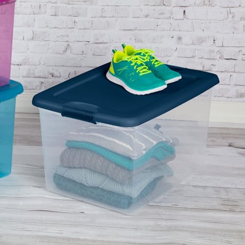 Sterilite Large Clear Plastic Storage Bin - 64 Quart, Marine Blue, 6-Pack
