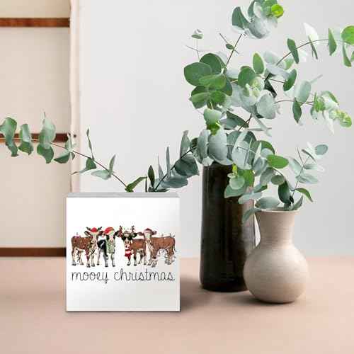 Christmas Cow Wood Box Signs, Cow Christmas Decorations, Cow Gifts for Women Cow Lovers, Farmhouse Christmas Decor, Christmas Wooden Signs for Home Office Desk Shelf Table Decor, 5x5 Inch