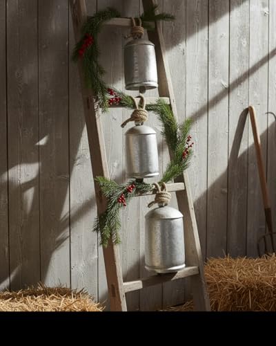 Rustic Silver Christmas Cow Bell Set of 3 - Hanging Wall Decor 4" 5" 8"