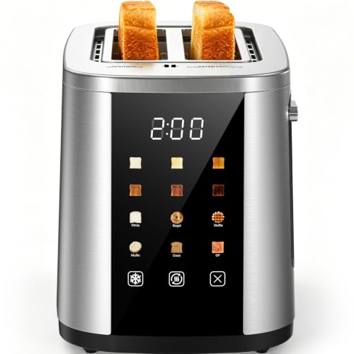 Foyoconven 2-Slot Stainless Steel Toaster with Touch Screen, 1.5 Inch Wide Slots, Digital Timer & 6 Shade Settings