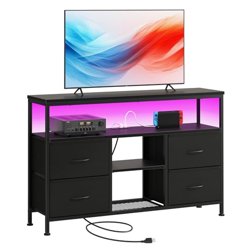 LED TV Stand with Charging Station for 50 Inch TVs - Black, 43.3x11.8x30.7 Inch