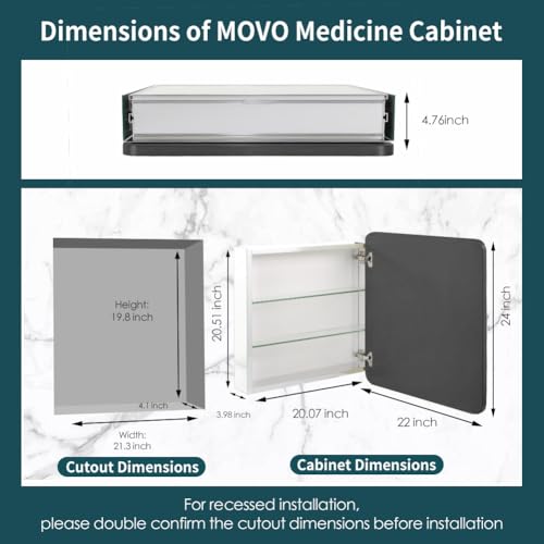 Black Bathroom Medicine Cabinet with Mirror, Adjustable Glass Shelves, Waterproof & Rust-Resist, Recessed or Surface Mount, 24x22 Inches