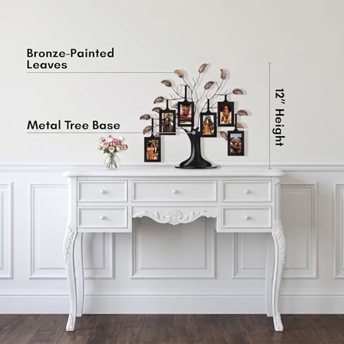 Americanflat Black Family Tree Picture Frame Set with 6 Photos & Bronze Leaves - Adjustable Ribbon Tassels, Mother's Day Gift