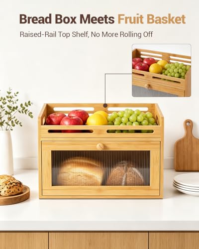 Coiesol Bamboo 1-Tier Bread Box with Top Shelf for Kitchen Countertop Storage