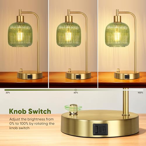 Green Glass Dimmable Table Lamps Set of 2 with USB Ports - Gold & Green Variation