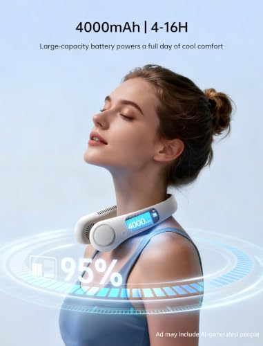 Grey Portable Neck Fan - Hands-Free Bladeless Personal Cooling, 5 Speeds, 4000mAh