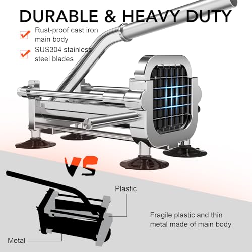 French Fry Cutter - Stainless Steel Potato Slicer with 1/4, 3/8 & 1/2 Inch Blades - Manual Vegetable Cutter with Interchangeable Blades