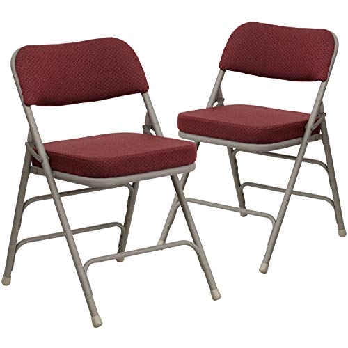 Burgundy Fabric Folding Chairs Set of 2 with Cushioned Seat, Gray Frame, 300lb Capacity