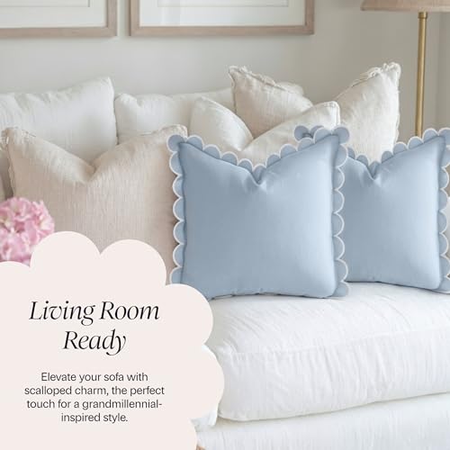 Scalloped Pillow Cover Set of 2 - 18x18 Cotton, Sky Blue & White - Elegant Home Decor