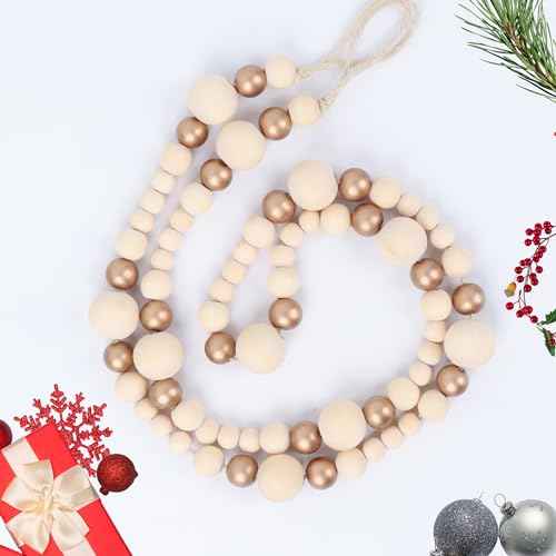 Christmas Wooden Bead Garland Xmas Wooden Tree Beads Rustic Decorative Christmas Tree Farmhouse Decor for Mantle Fireplace Staircase (Natural & Gold)