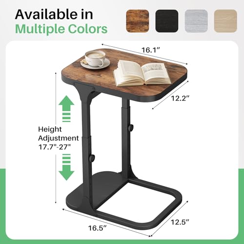 Kitstorack Brown Adjustable C-Shaped End Table for Couch & Bed - Rustic Metal Frame