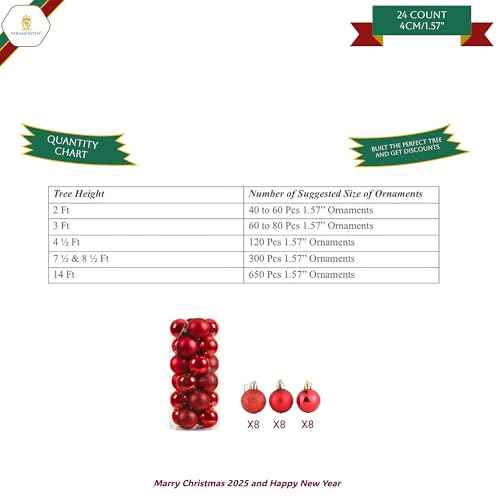 Paramexview¢ç 24 Pcs Christmas Balls Set, 40mm/1.57" inch, Christmas Tree Hanging Shatterproof Ornaments Decoration, Pre-Hooked Hanging Balls, Seasonal Home Decoration for Trees (Red)