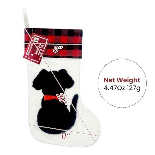 Dog Christmas Stocking Dual-Layer, 20 inch Dog Stocking Single, Pet Christmas Stockings with 3D Black Doggy, Large Animal Buffalo Red Plaid Xmas Stockings for Dogs Family Decorations
