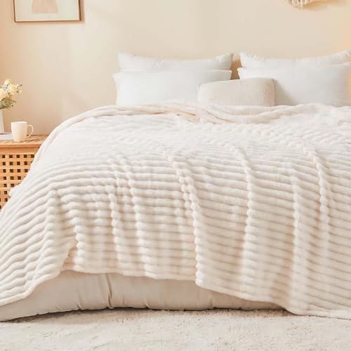BEDELITE Cream King Size Ribbed Microfiber Blanket 108x90 Inches