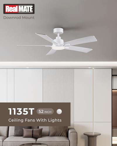 52 Inch White Ceiling Fan with Lights & Remote - Downrod Version, ETL Listed