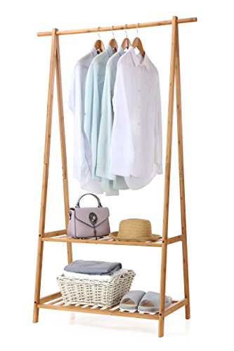 Finnhomy Bamboo Clothes Rack Portable Extra Large Garment Organizer with 2-Tier Shelves