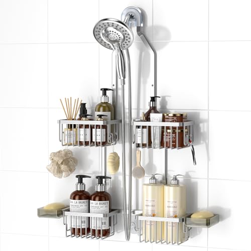 Adjustable Aluminum Shower Caddy Hanging for Handheld Showerhead - Silver, 22.4-26.4 inches